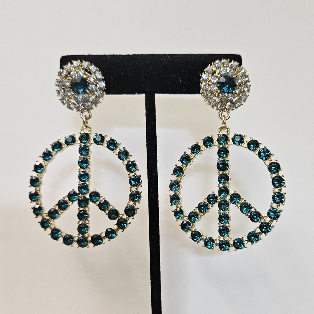 Peace Sign Rhinestone Statement Earrings Emerald Green - Picture 6 of 8